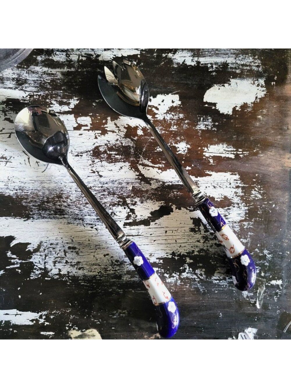Sheffield England Porcelain Handle Salad Fork & Spoon Cobalt Blue and Floral